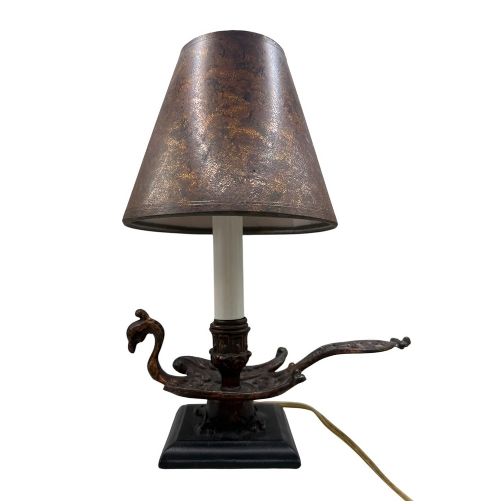 Vintage Swan Table Lamp Bronze Finish Ornate Cast Metal Accent Light with Shade